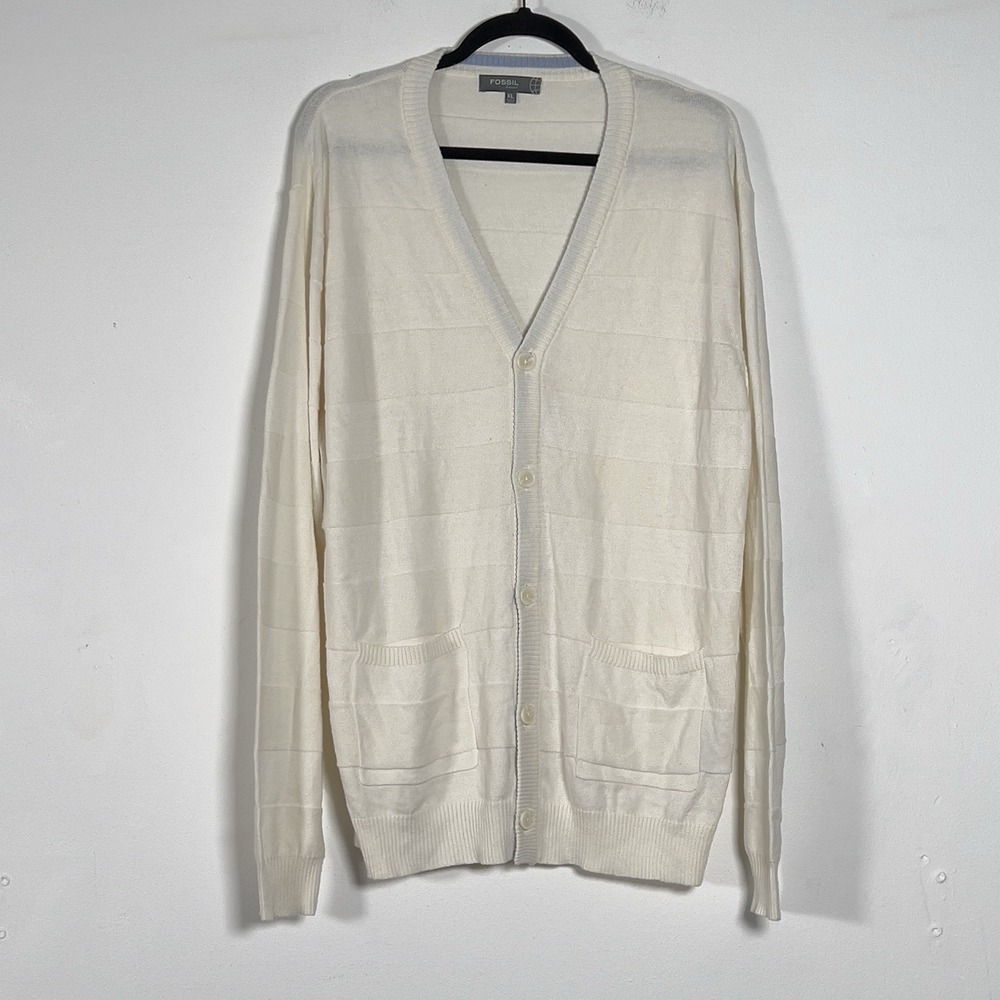 Fossil‎ Cotton Cashmere Blend Cardigan Sweater Mens Sz XL Beige Front Pockets